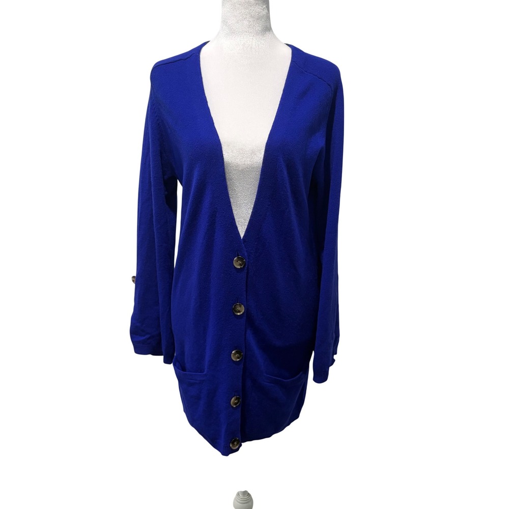 Theory Amaya Cardigan Women Medium Cobalt Blue 100% Cashmere Longline V-Neck